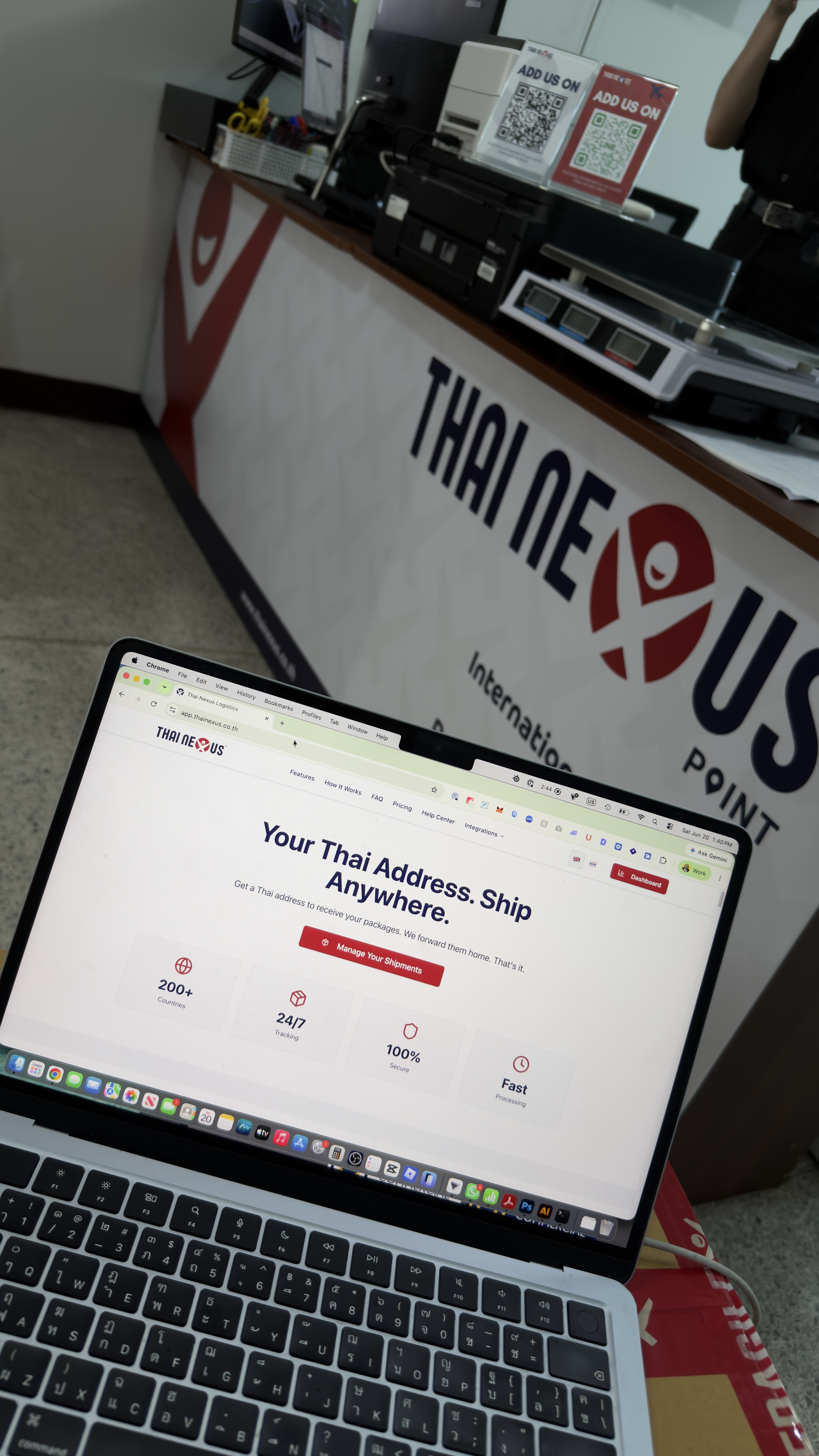 Thai Nexus client app showing a Thai address and package forwarding dashboard