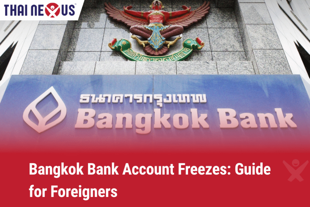 Front view of Bangkok Bank headquarters with Thai Garuda emblem, illustrating the guide on account freezes affecting foreign nationals in Thailand – updated for 2025