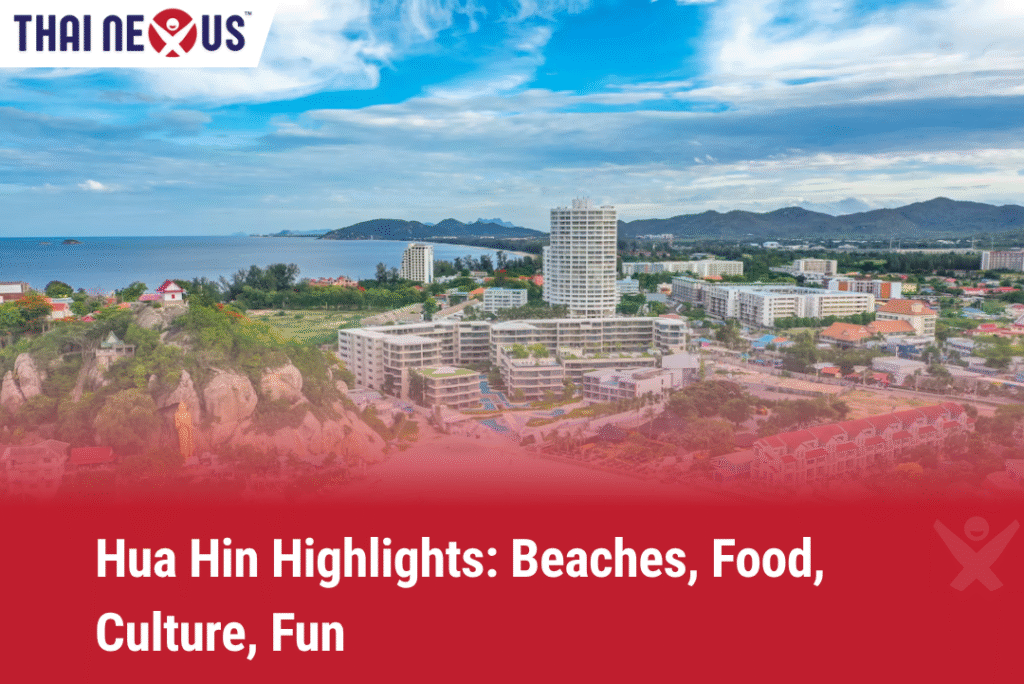 Panoramic view of Hua Hin city featuring high-rise resorts, golden beaches, ocean views, and lush hills — highlighting top travel experiences in Hua Hin, Thailand.