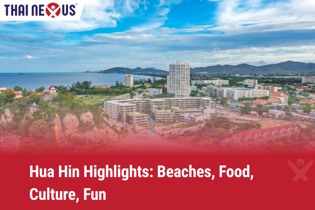Panoramic view of Hua Hin city featuring high-rise resorts, golden beaches, ocean views, and lush hills — highlighting top travel experiences in Hua Hin, Thailand.