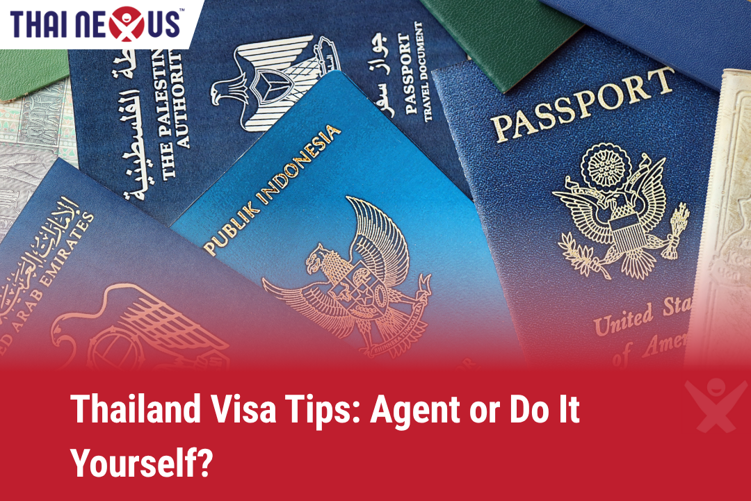 Assorted international passports representing travelers exploring Thailand visa options, highlighting the choice between hiring a visa agent or applying independently.