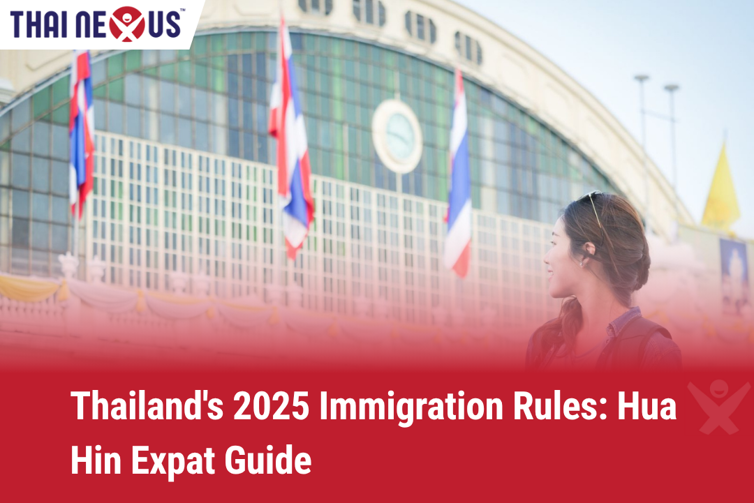 Smiling female expat at Hua Lamphong station in Thailand with Thai flags, highlighting 2025 immigration rules update for foreigners in Hua Hin