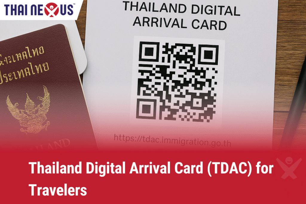 Thailand Digital Arrival Card with Thai passport and QR code on a wooden desk
