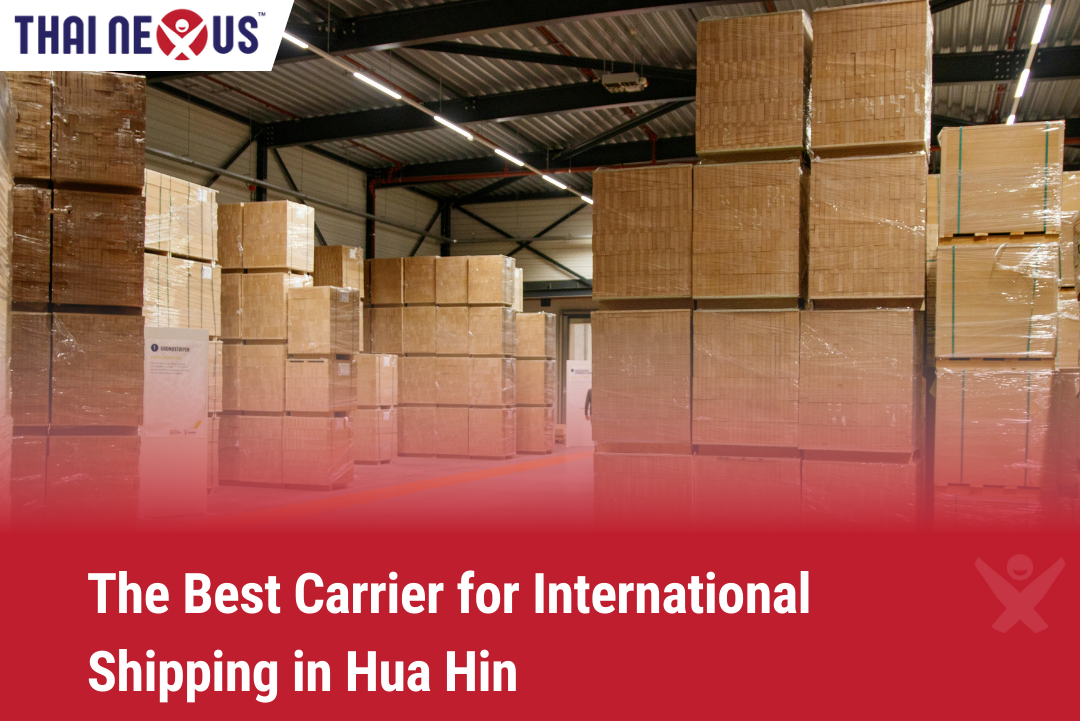 An image with boxes in a warehouse ready for international shipping from Hua hin