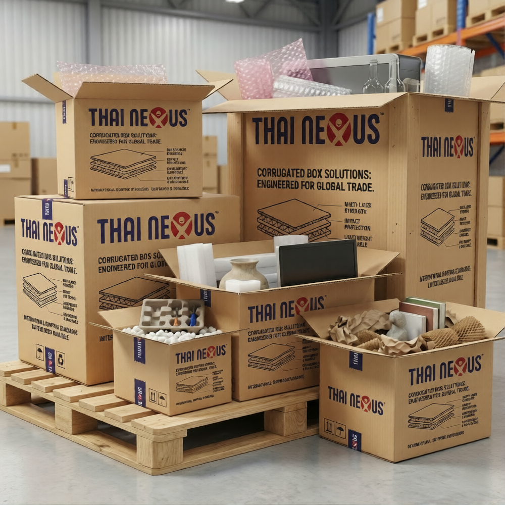 Thai Nexus Boxes filled with Foam, Bubble Wrap, and paper