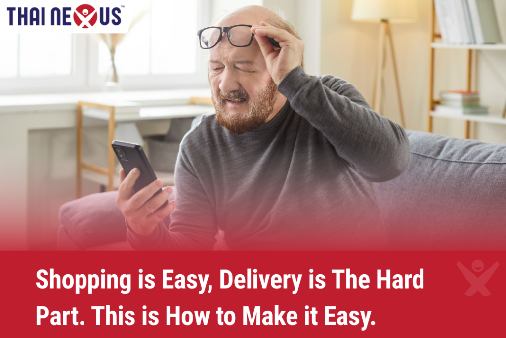 A frustrated middle-aged man holding a smartphone and squinting at the screen, illustrating the common struggle of missed delivery calls and payment issues in Thailand.