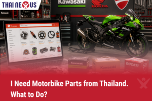 A high-quality image set in a professional motorcycle garage featuring a lime green Kawasaki Ninja sportbike and boxes of genuine parts for Kawasaki and Ducati. On the left, a laptop displays the Shopee Thailand marketplace, showcasing various motorbike components like sprockets and shock absorbers. The bottom of the image features a bold red banner with the white text "I Need Motorbike Parts from Thailand. What to Do?", while the Thai Nexus name and logo appear in the top left corner, positioning Thai Nexus as the solution for sourcing and shipping these parts internationally.